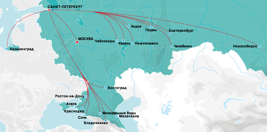 Карта рейсов Победы из Санкт-Петербурга по России